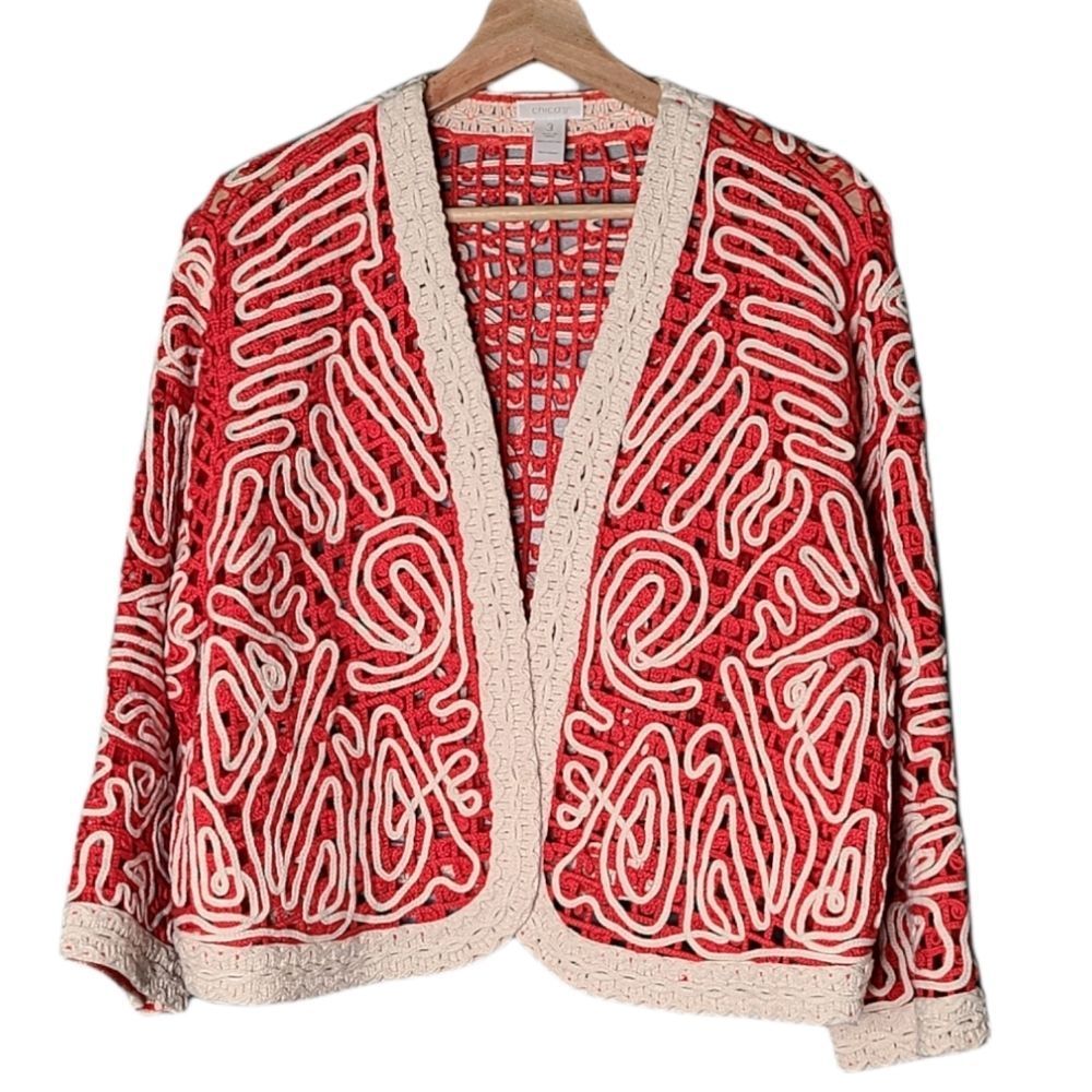 Woman's Chicos Knit Open Crochet Cardigan Size 3